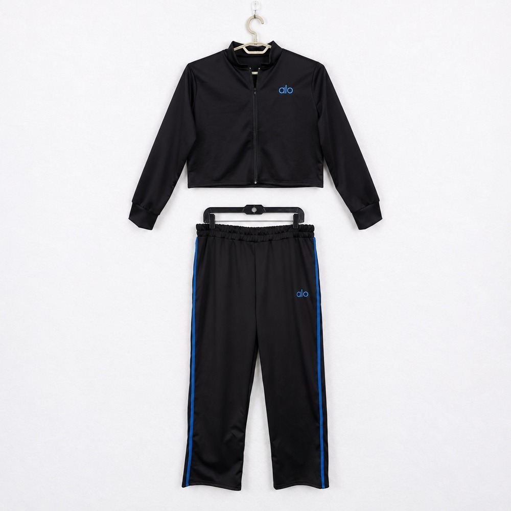Alo Tracksuit Set Women XXL Black Blue Logo Cropped Jacket Pants Athleisure